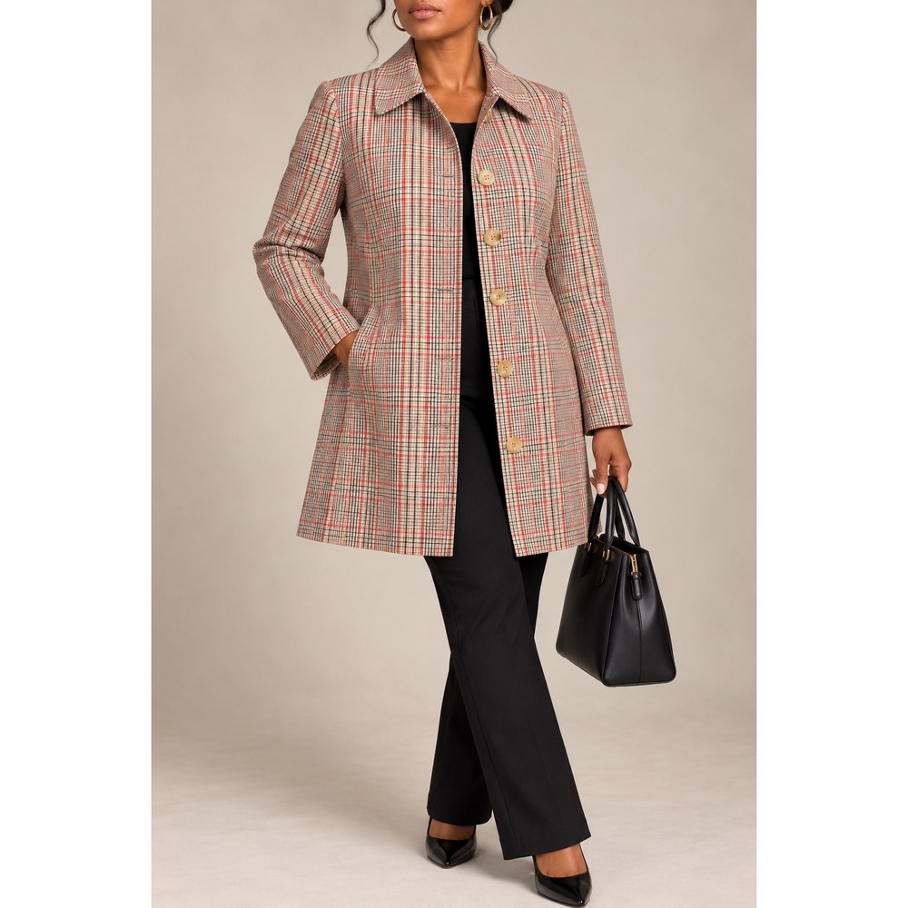 XL 190 Jones Wear Plaid Car Coat Jacket Stretch Button Front Career Quiet Luxury
